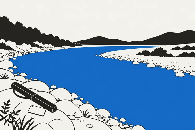 架空の広い川と岸の券・竿ケースのイラスト
