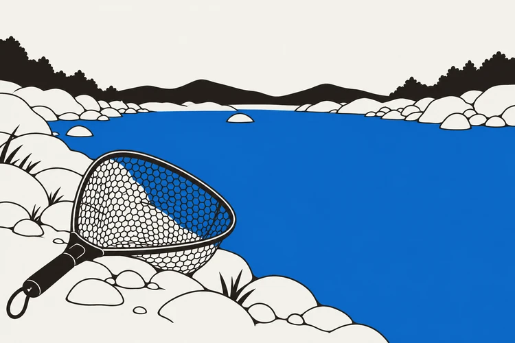 水辺のネットと川を泳ぐ魚の模式図を描いたイラスト