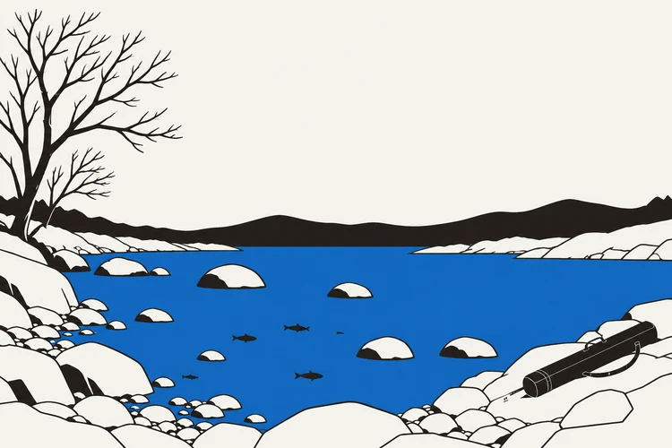 葉の少ない木と川、岸に閉じた竿ケースを置いた秋のイラスト