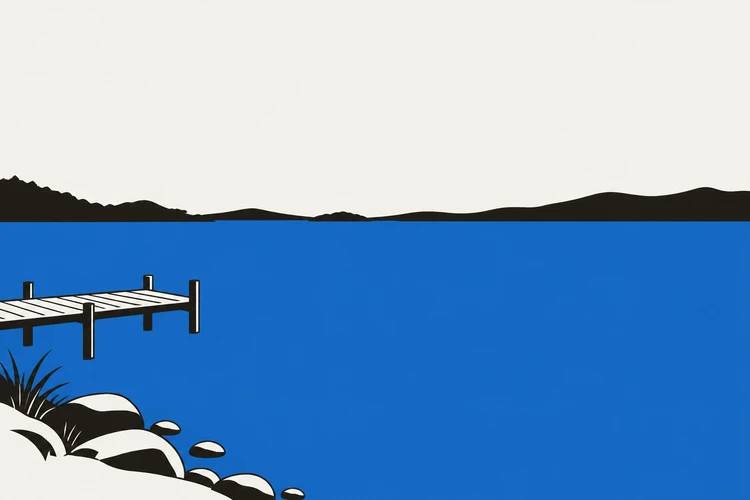 架空の湖の水面と左岸から伸びる桟橋のイラスト