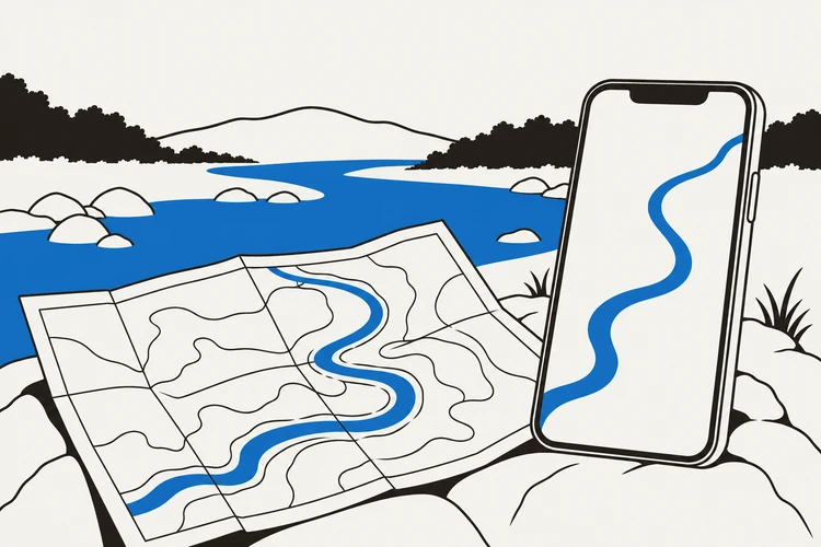 川の線だけを表示したスマートフォンと無地の地図のイラスト