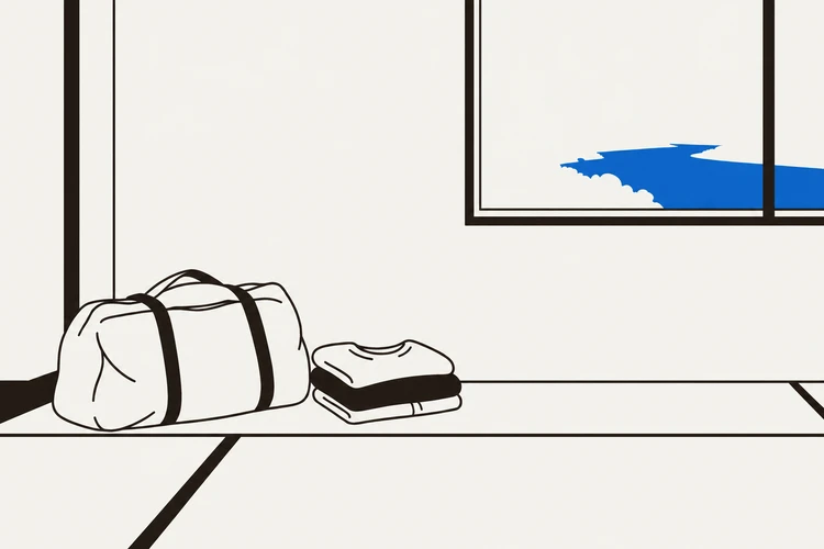 架空の宿の部屋に置いた荷物と、窓の向こうの川のイラスト