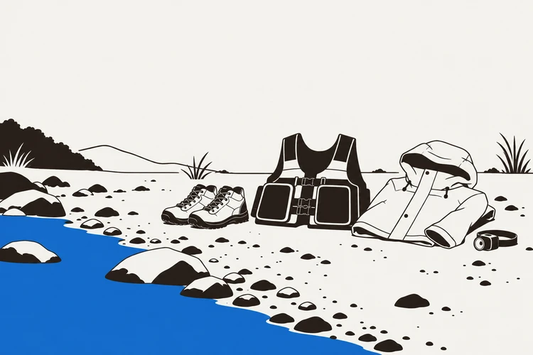 川岸に靴、浮力ベスト、雨具とライトを並べたイラスト