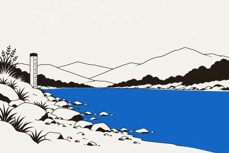 川の水面、岸の観測柱と上流の山を描いた模式的なイラスト