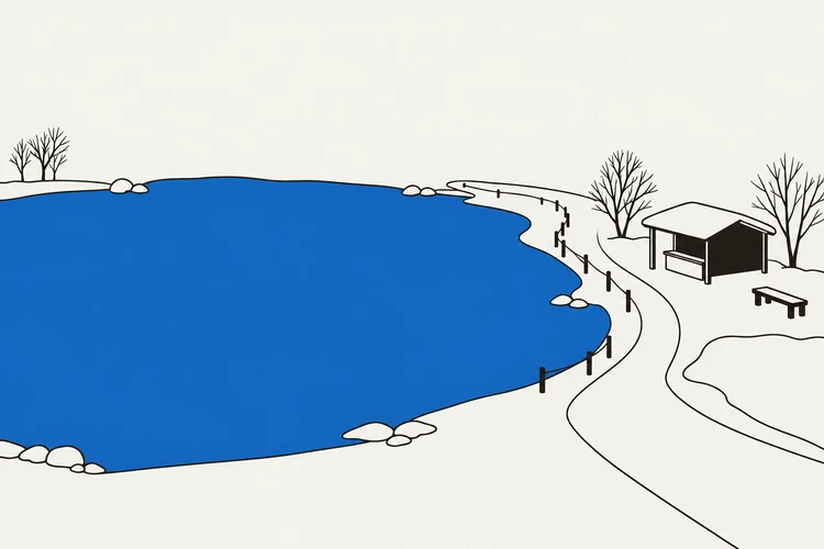 冬の架空の管理釣り場の池と、岸の受付小屋を描いたイラスト