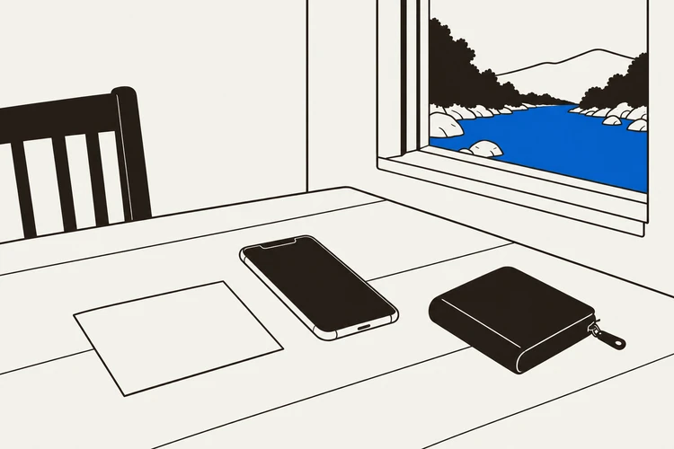 無地の券、スマートフォンと小銭入れを机に置いたイラスト